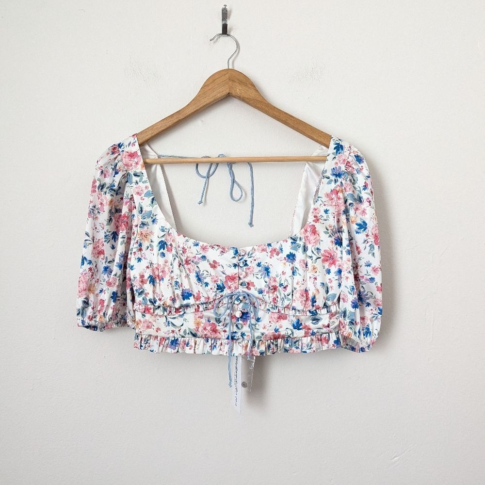 NWT For Love and Lemons white blue pink floral Juliet skirt crop top set M/L - Picture 3 of 10